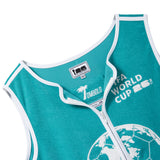 Close-up of teal terry cloth hand towel top with white trim, front zipper, and FIFA World Cup 2026 embroidery.