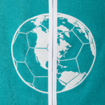 Close-up of teal terry cloth hand towel top with white embroidered globe graphic and front zipper.