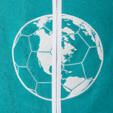 Close-up of teal terry cloth hand towel top with white embroidered globe graphic and front zipper.