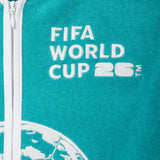 Close-up of teal terry cloth hand towel top with white embroidered FIFA World Cup 2026 logo and front zipper.