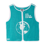 Teal terry cloth hand towel top with white trim, front zipper, and embroidery featuring a globe and FIFA World Cup 2026 logo.
