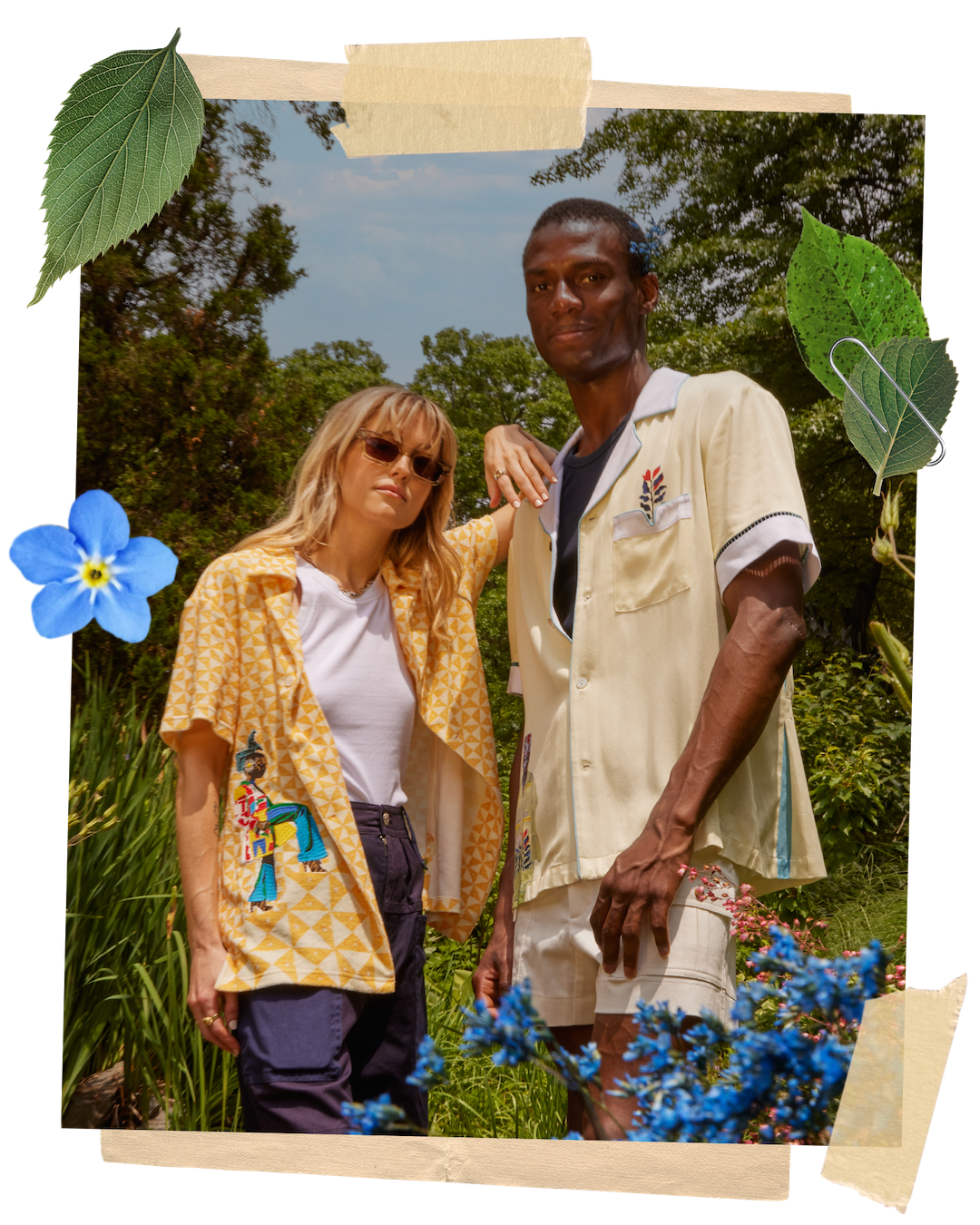 Man and woman posing while wearing the two Tombolo Wole Lagunju cabana shirts