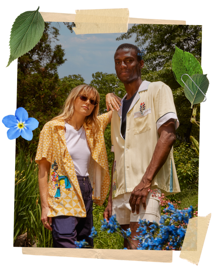 Man and woman posing while wearing the two Tombolo Wole Lagunju cabana shirts