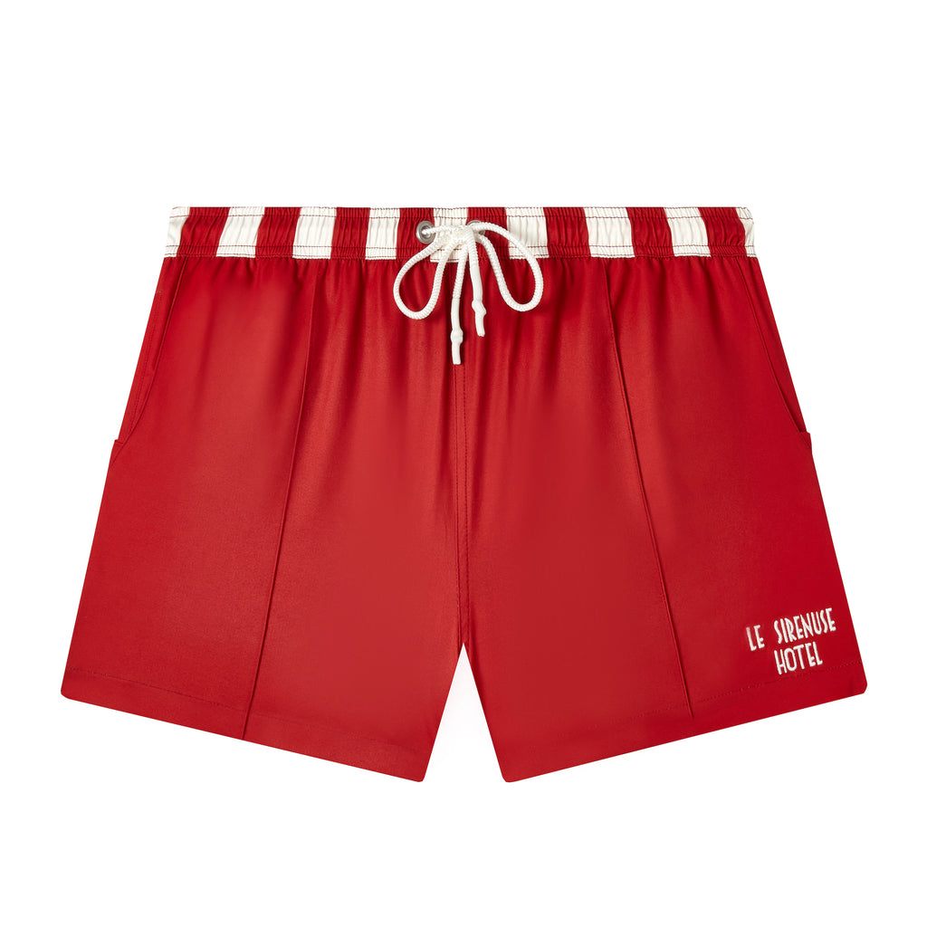 Tombolo x Le Sirenuse red swim trunks with red and white striped waistband and Le Sirenuse Hotel in the bottom corner