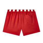 Back side of swim trunks showing v slit in pocket