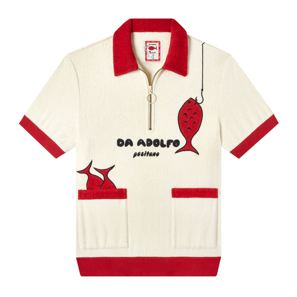 Tombolo beige terry cloth shirt with half zip, red collar and lining on the waist and sleeves, with two red fish motifs and Da Adolfo Positano embroidered in the center