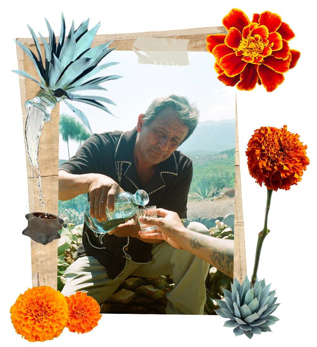 Man pouring Agua Magica Mezcal into glass wearing Agua Magica shirt