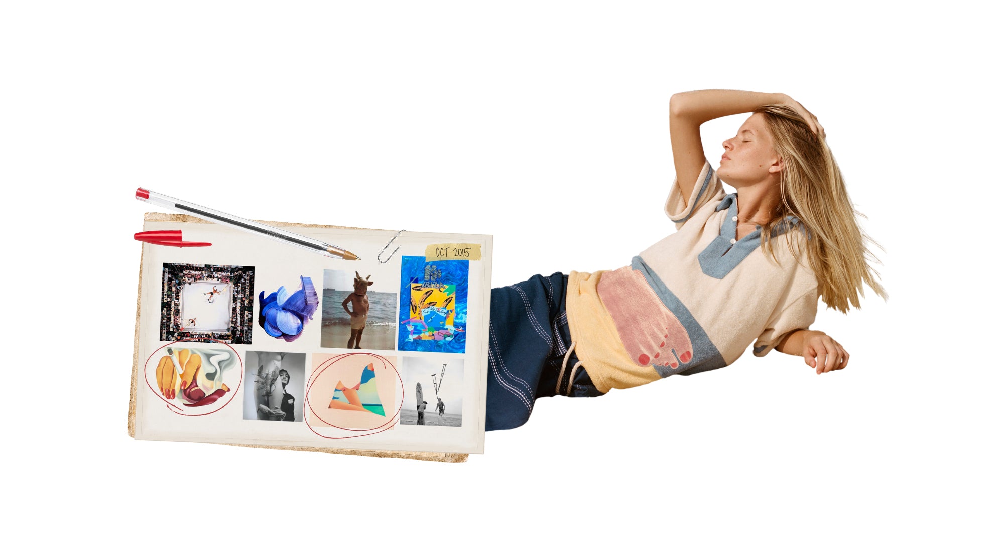 Model cutout lying down in Wesselman poncho next to cutout of mood board