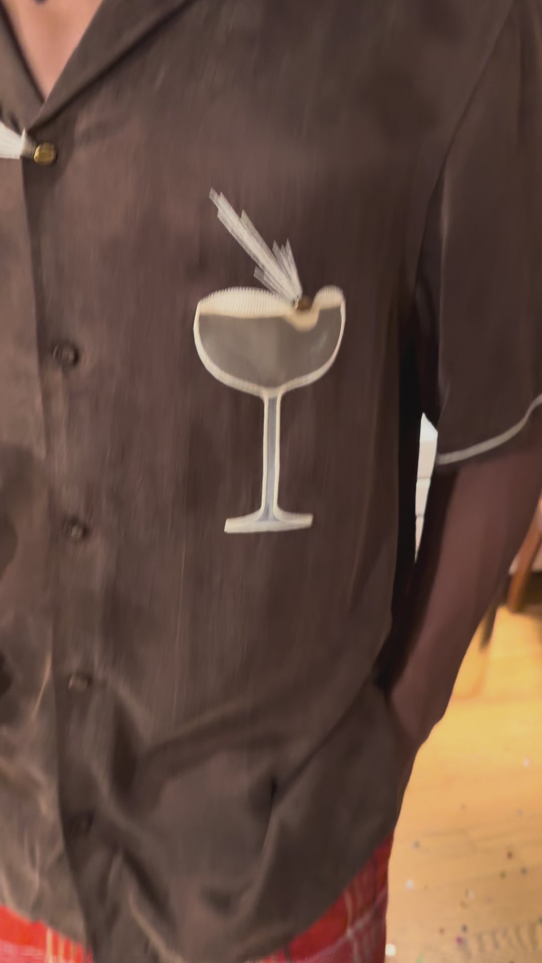 Close up video of the Espresso Martini Cabana shirt. 