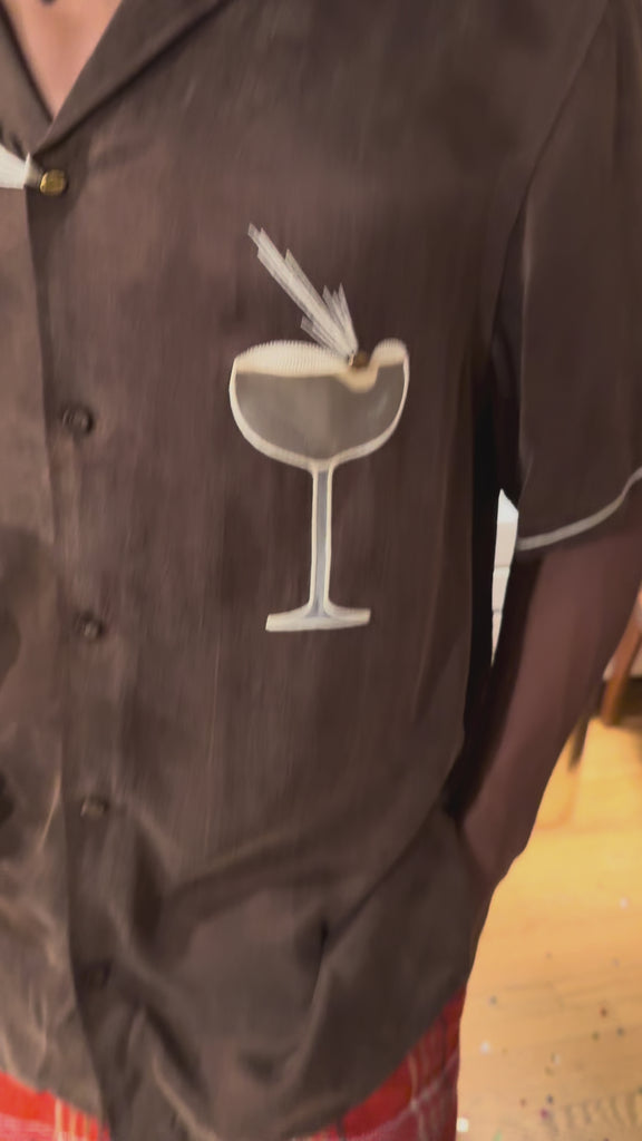 Close up video of the Espresso Martini Cabana shirt. 