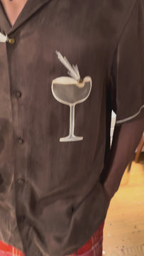 Close up video of the Espresso Martini Cabana shirt. 