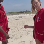 Video cutting between man and woman on the beach trying on different items from the Tombolo Wesselmann collection