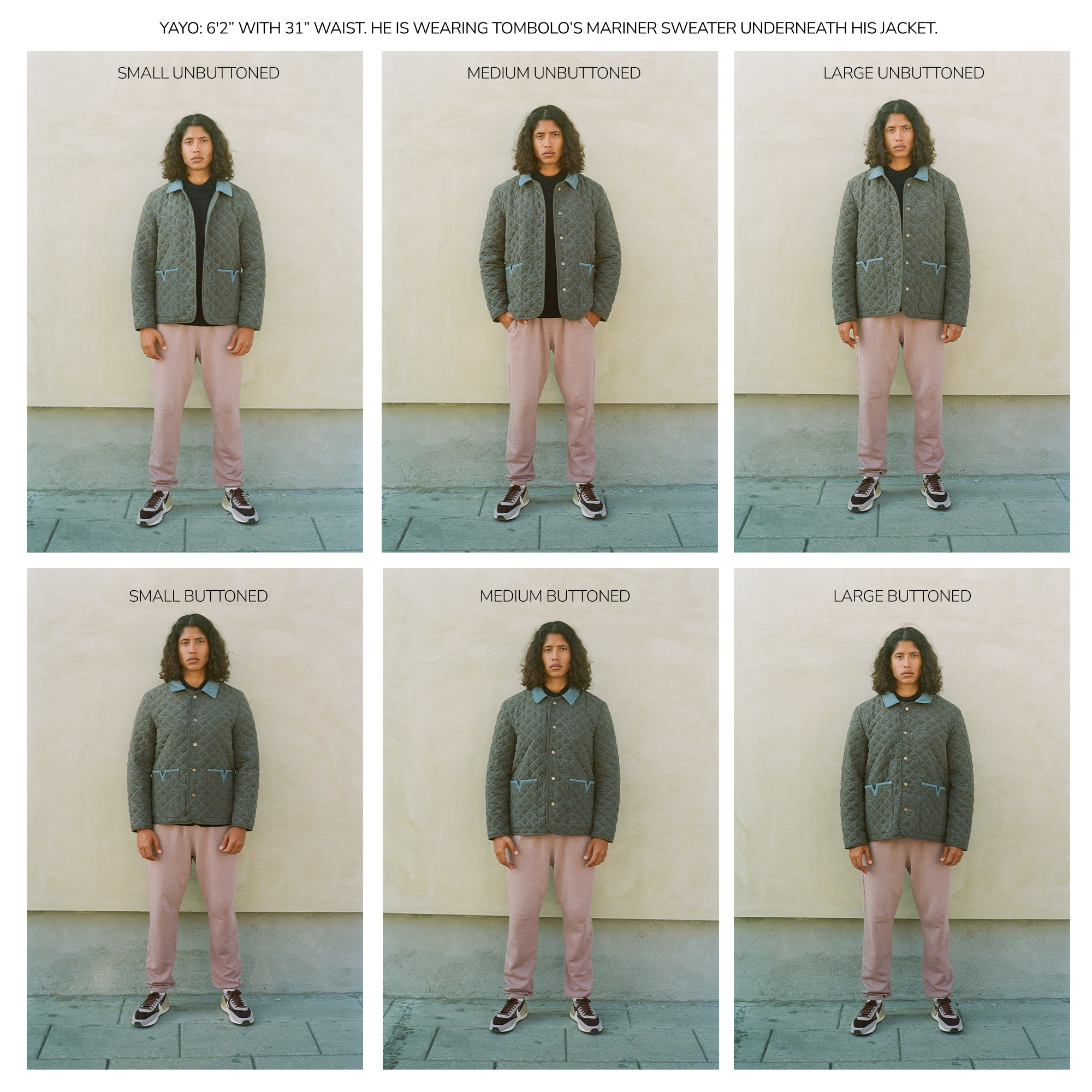 Man wearing quilted jacket in size small to Large to demonstrate sizing