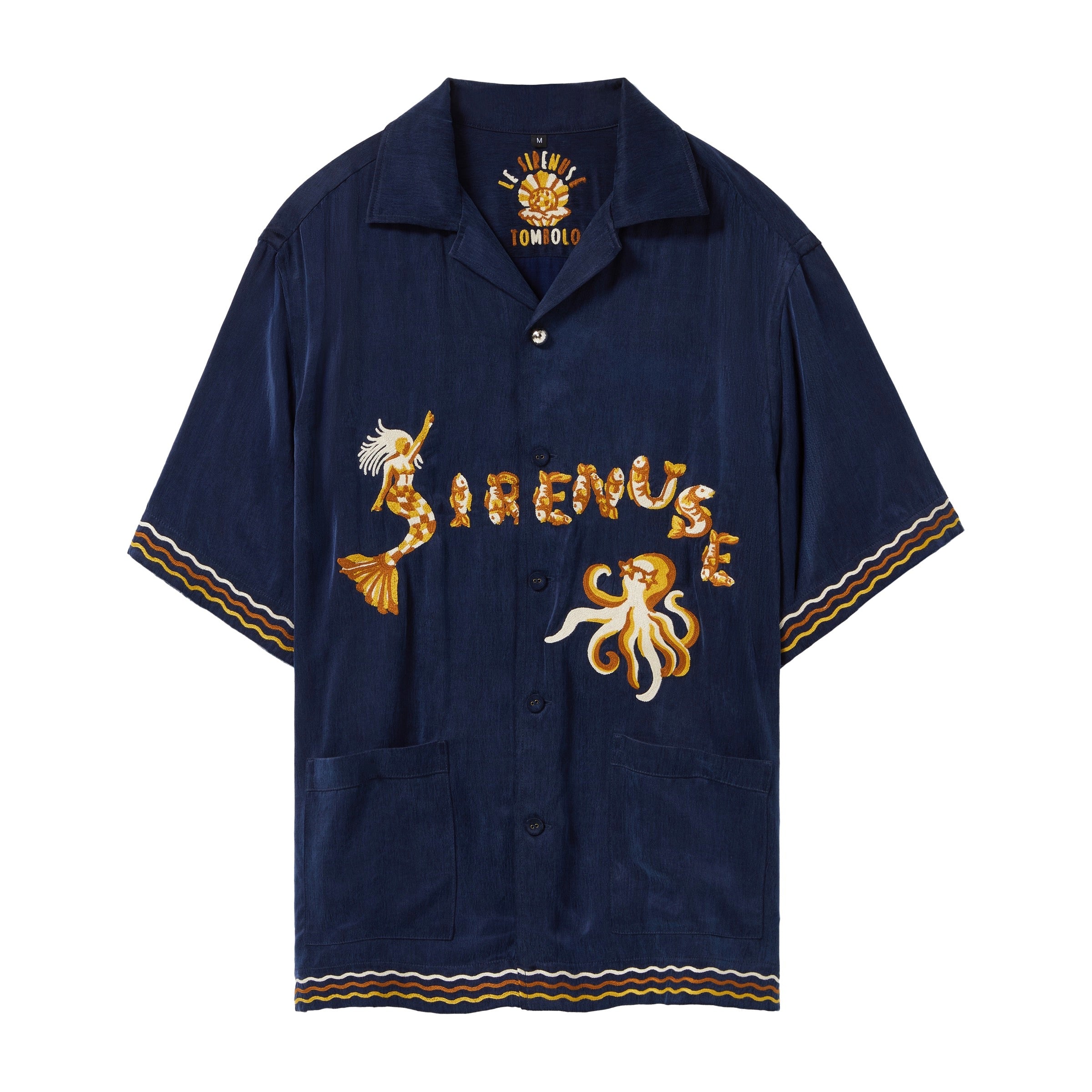 Navy blue shirt with gold mermaid and octopus designs on a white background