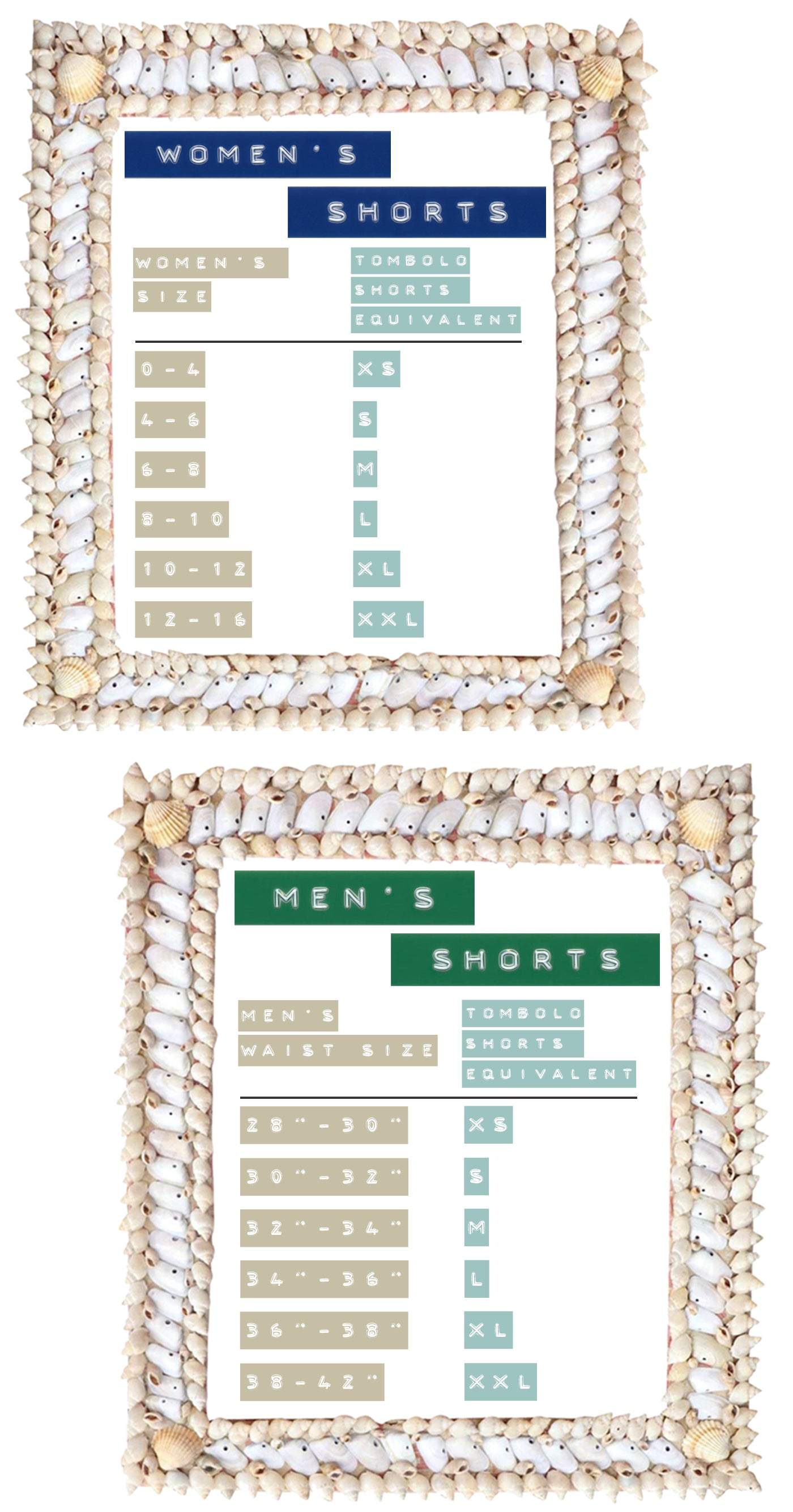 Size/Tombolo shorts equivalent: 0-4/xs,4-6/s,6-8/m,8-10/l,10-12/xl,12-14/xxl,28-30/xs,30-32/s,32-34/m,34-36/l,36-38/xl,38-42/xxl