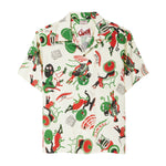 Colorful patterned shirt with graphic designs on a white background