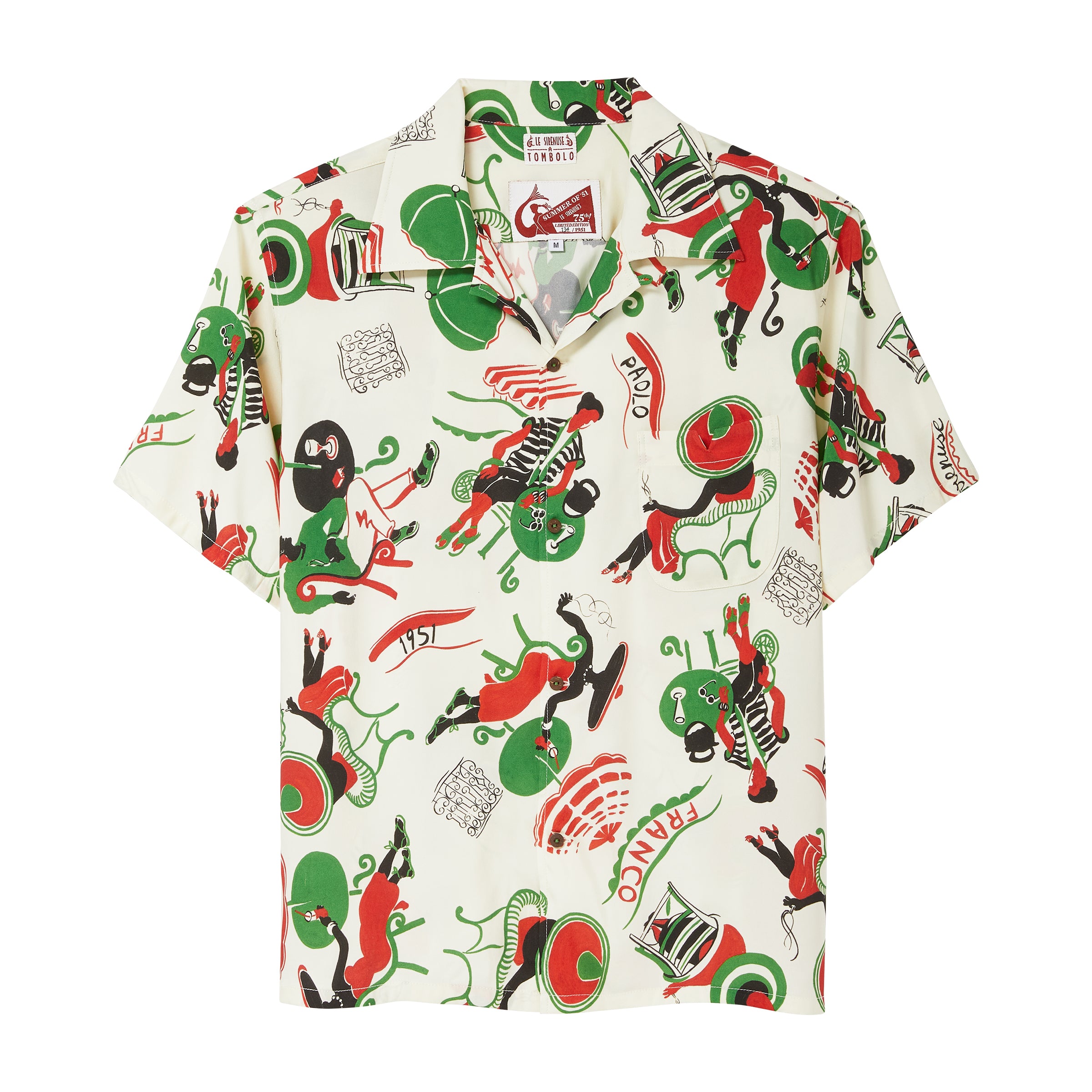 Colorful patterned shirt with graphic designs on a white background