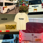 Collage of white vans with 'Turismo' branding in various settings.