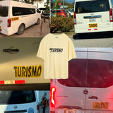 Collage of white vans with 'Turismo' branding in various settings.