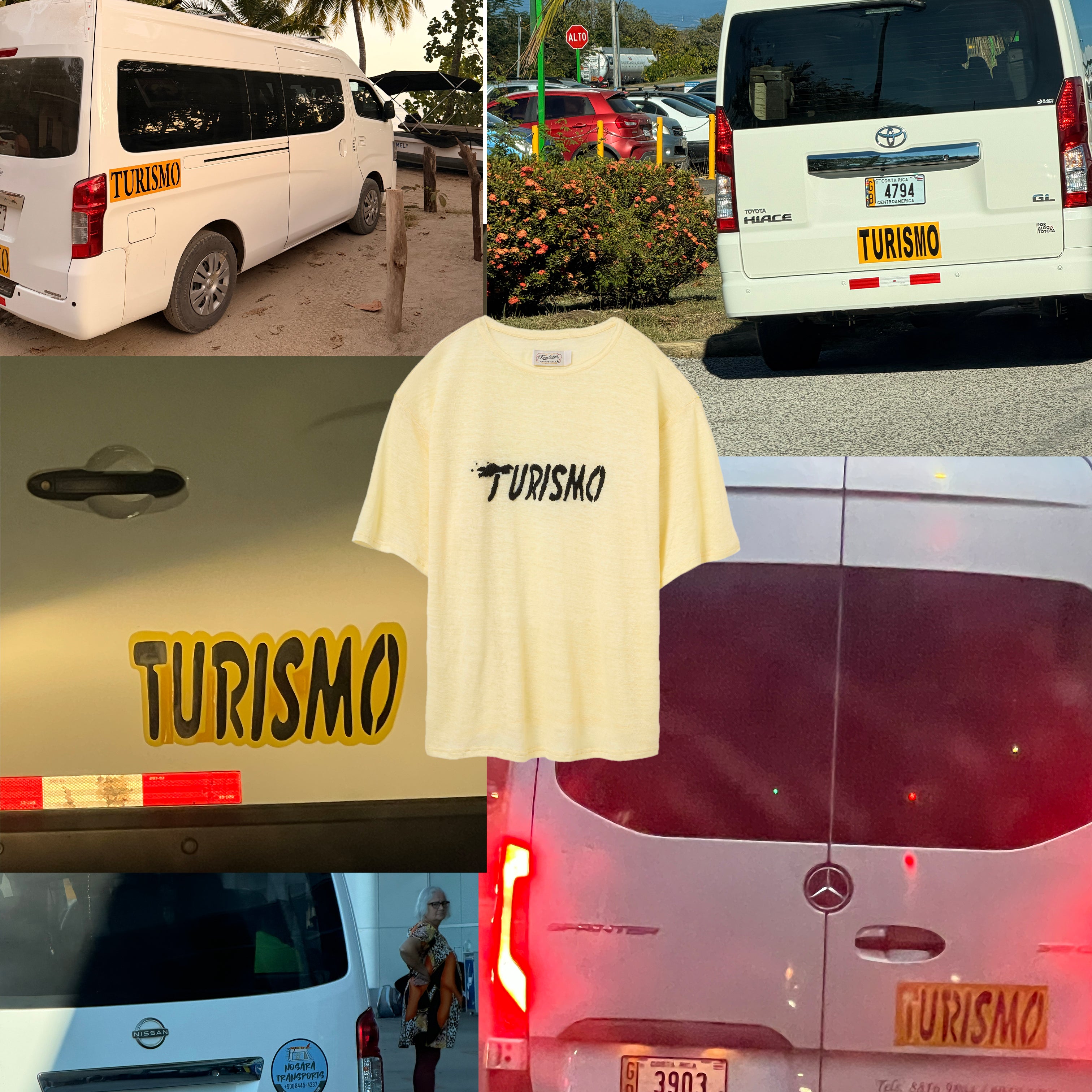 Collage of white vans with 'Turismo' branding in various settings.