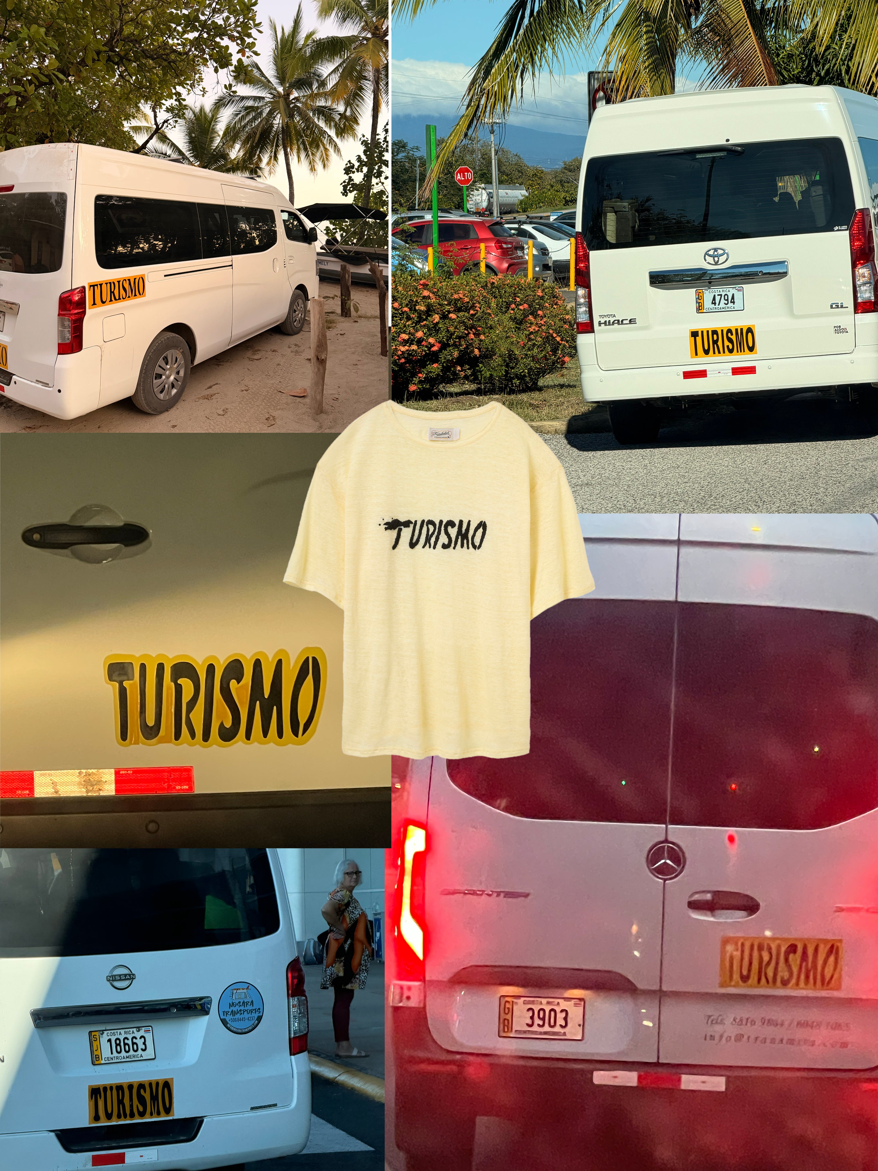 Collage of white vans with 'Turismo' branding in various settings.
