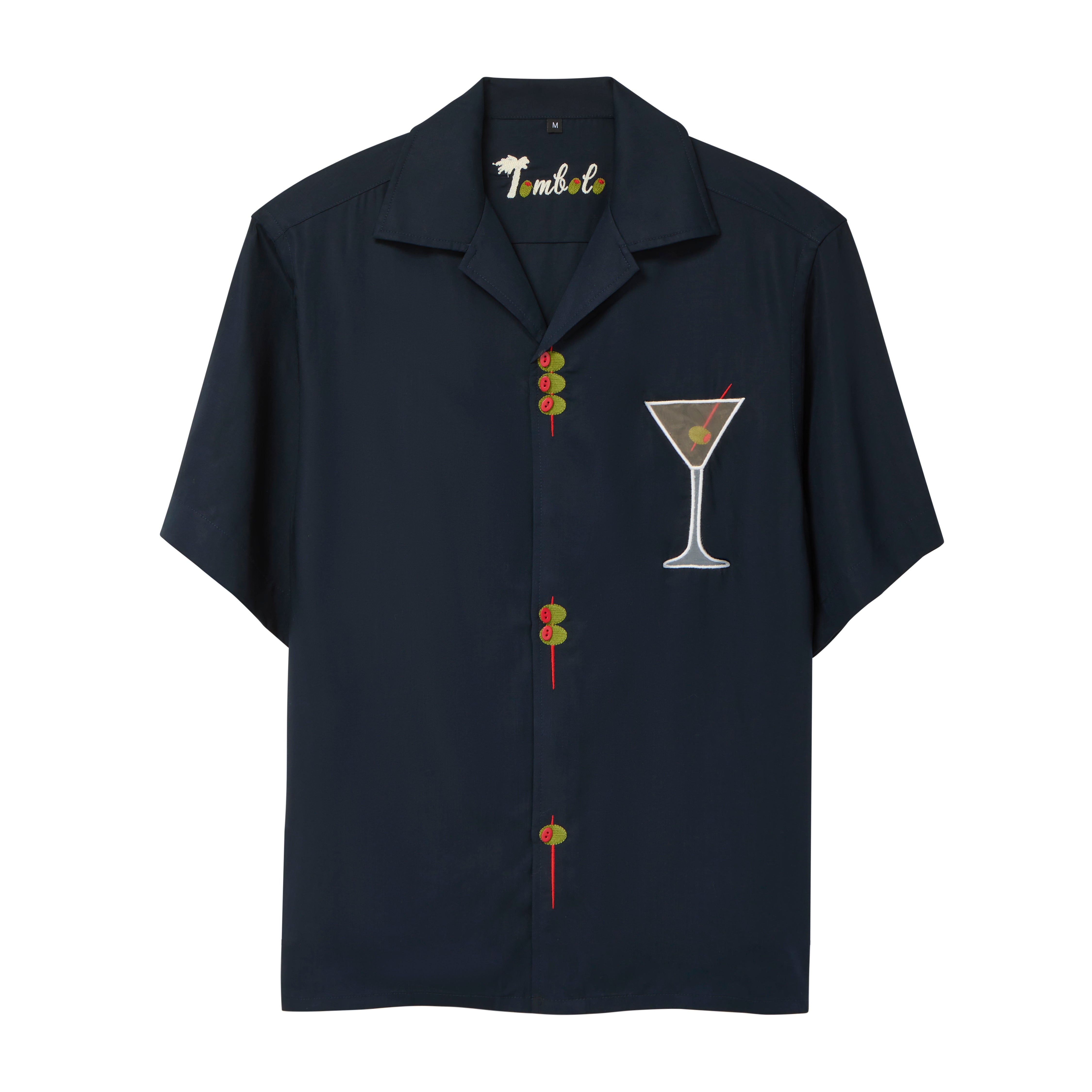 A navy blue short-sleeve button-down shirt with playful detailing: embroidered olive skewers act as buttons down the front, and a white martini glass with an olive garnish is embroidered on the chest. 