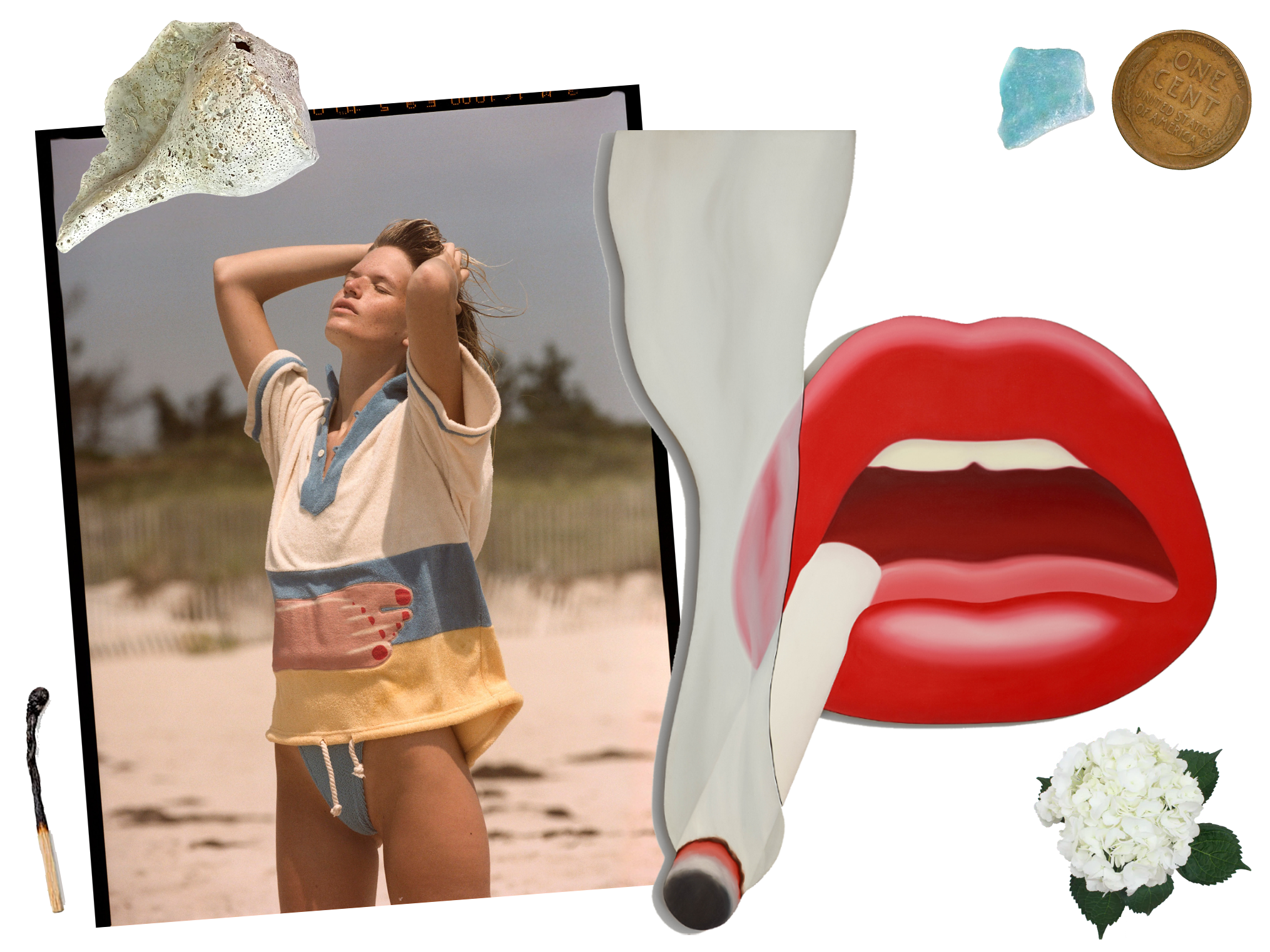 Woman holds hair up and closes eyes while wearing wesselman seascape shirt, with cutout of smoking lips motif overlapping on the right