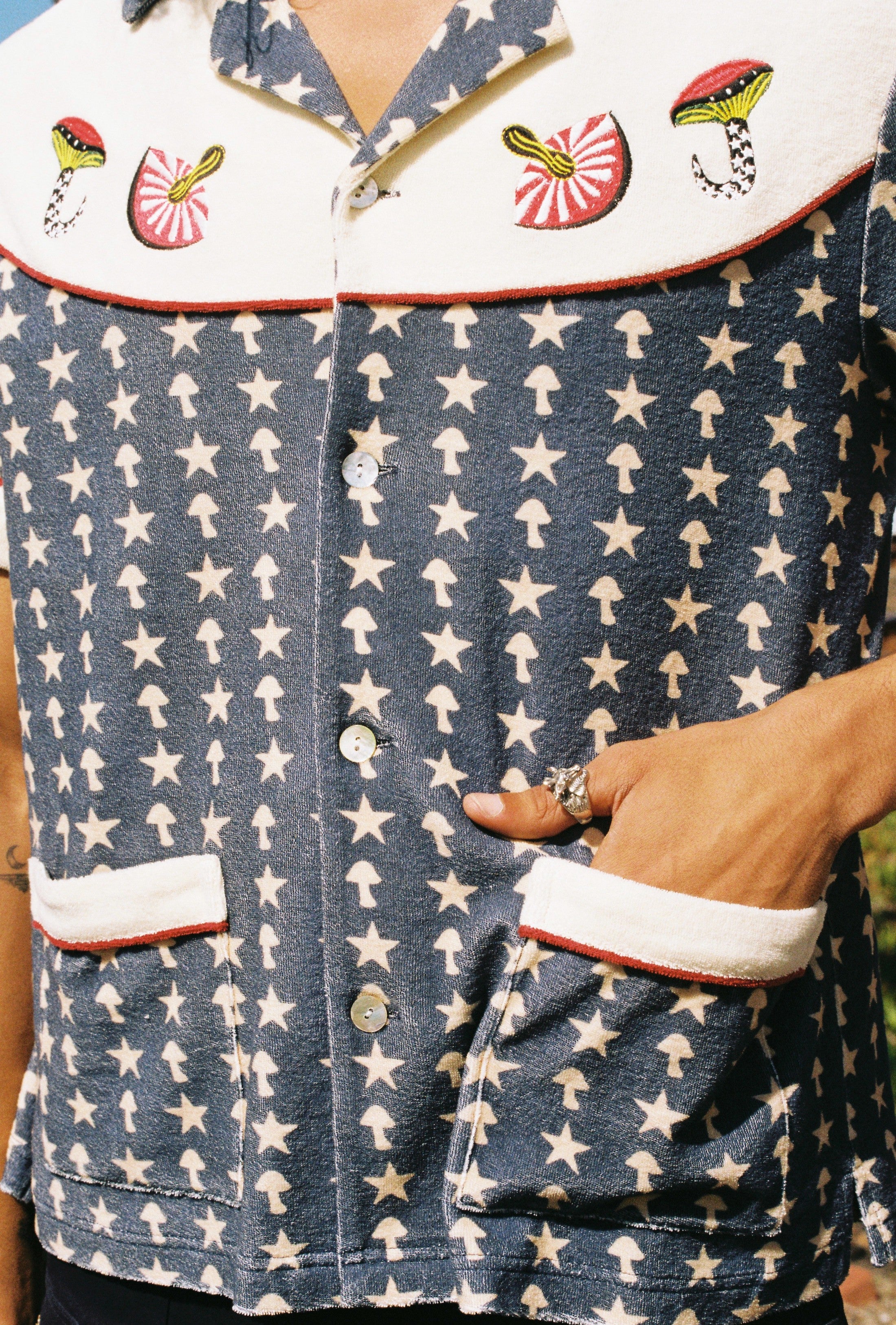 close up of shirt pattern with hand in pocket