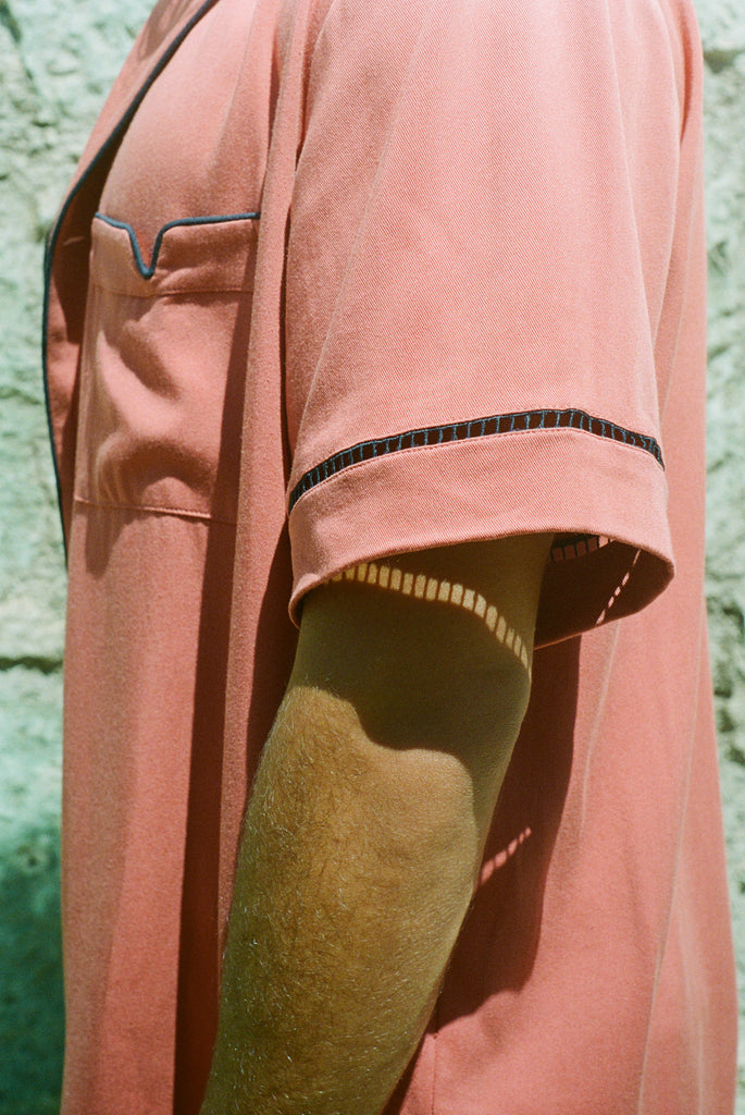 Close up of window paneling on male model