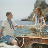 Male and female models both in pop over with matching shorts conversing