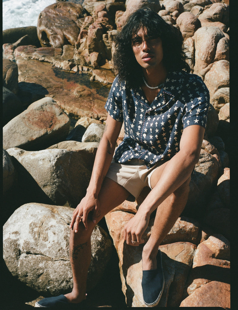 Male model wearing previous outfit sitting on a rocky beach