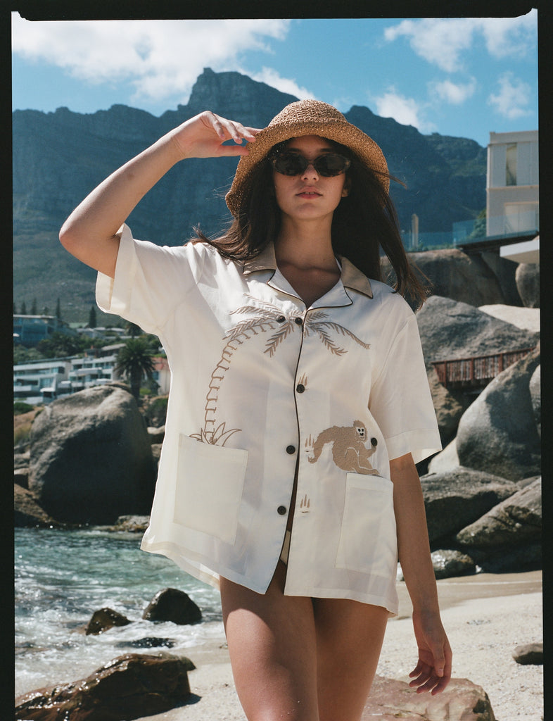 Female model posing in the monkey shirt