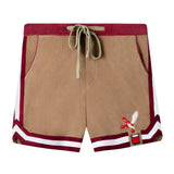 front lay flat product photo of shorts showing brown fabric with contrasting maroon and white short stripes on the seams and bottom hem along with a lobster flying out of a pot applique in bottom right corner