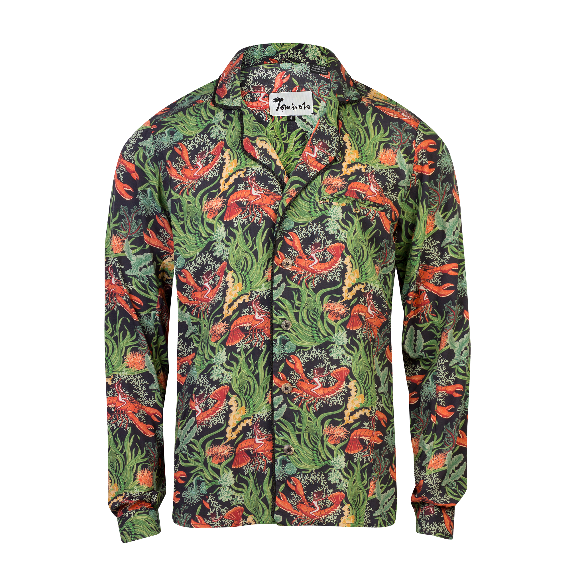 Lobster Rodeo Midnight Green- Tombolo Company's Unisex Hawaiian Shirt. Vintage-inspired clothing with a modern upgrade, aloha shirts and more.