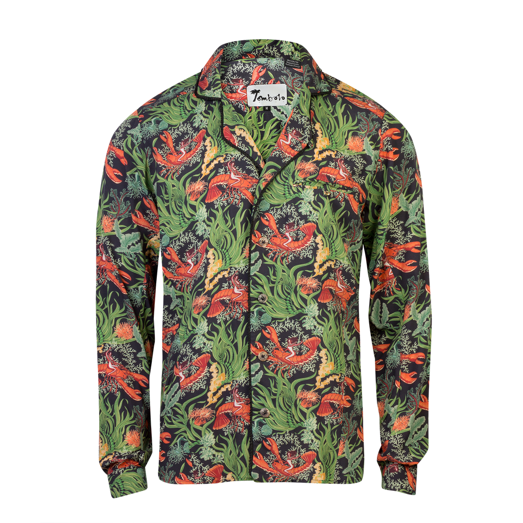 Lobster Rodeo Midnight Green- Tombolo Company's Unisex Hawaiian Shirt. Vintage-inspired clothing with a modern upgrade, aloha shirts and more.