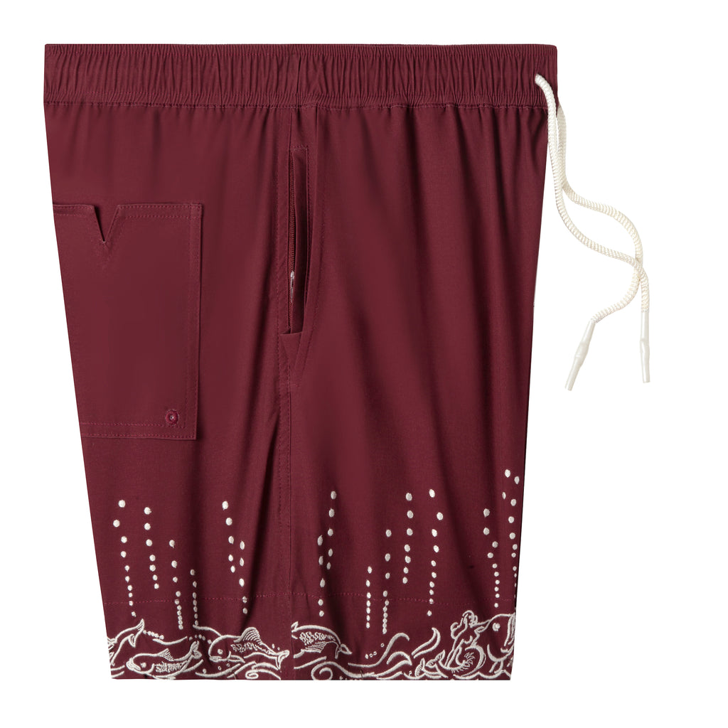 side view of the swim trunks showing the zippered pocket and back pocket