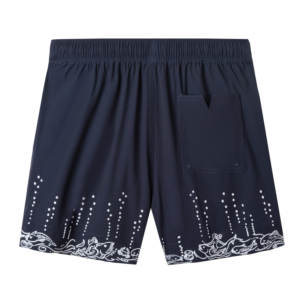 back lay flat product photo of bubbly fruits de mer swim trunks