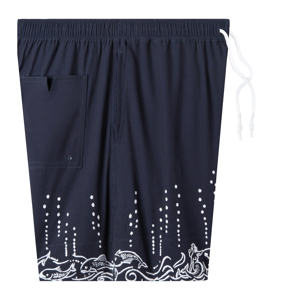 side view of swim trunks showing zippered pocket 