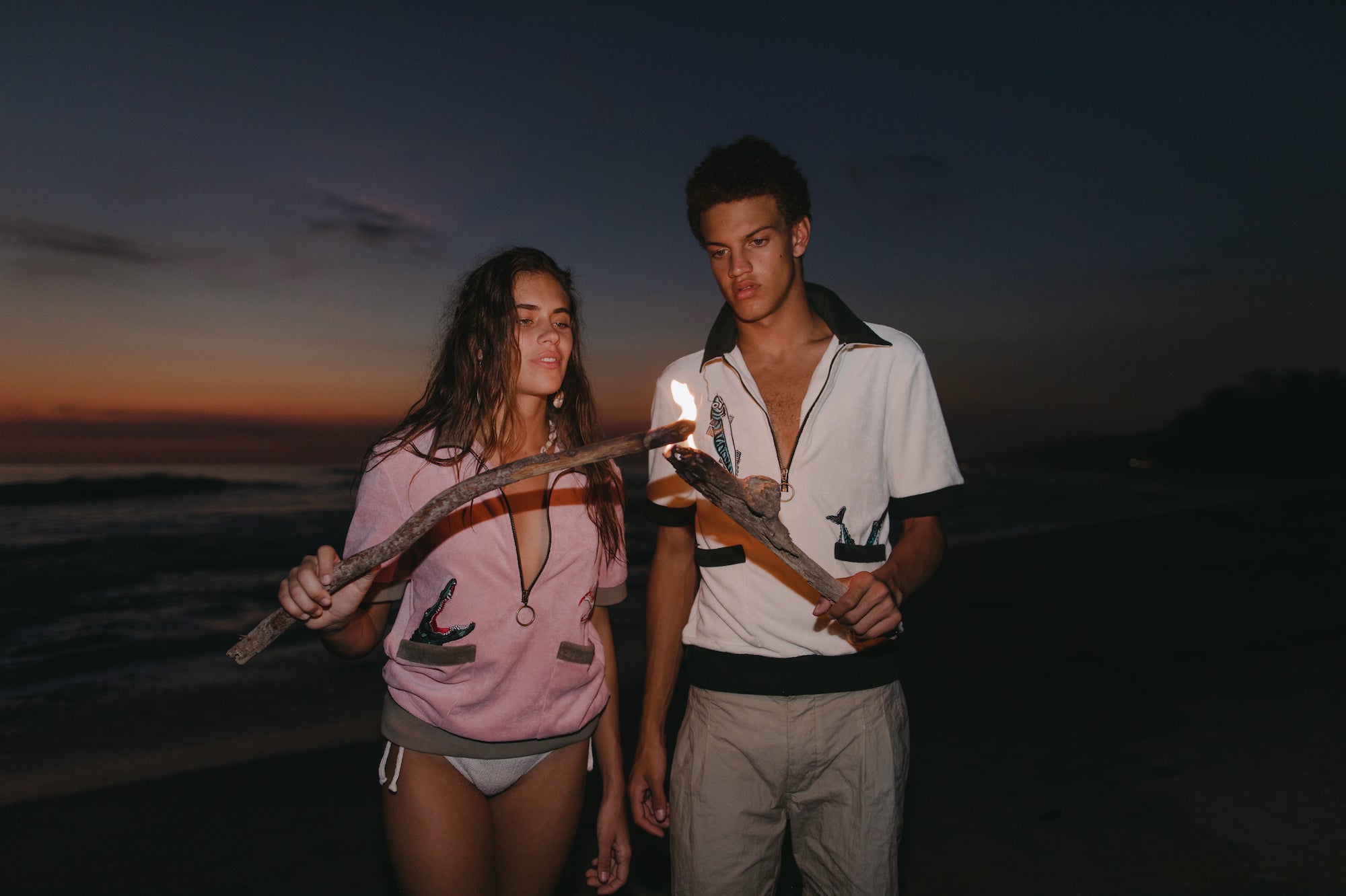 cotton terry cloth cabana shirt embroidered with crocodile and flamingo motifs for a graphic feeling of nostalgia