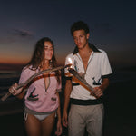 cotton terry cloth cabana shirt embroidered with crocodile and flamingo motifs for a graphic feeling of nostalgia