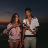 cotton terry cloth cabana shirt embroidered with crocodile and flamingo motifs for a graphic feeling of nostalgia