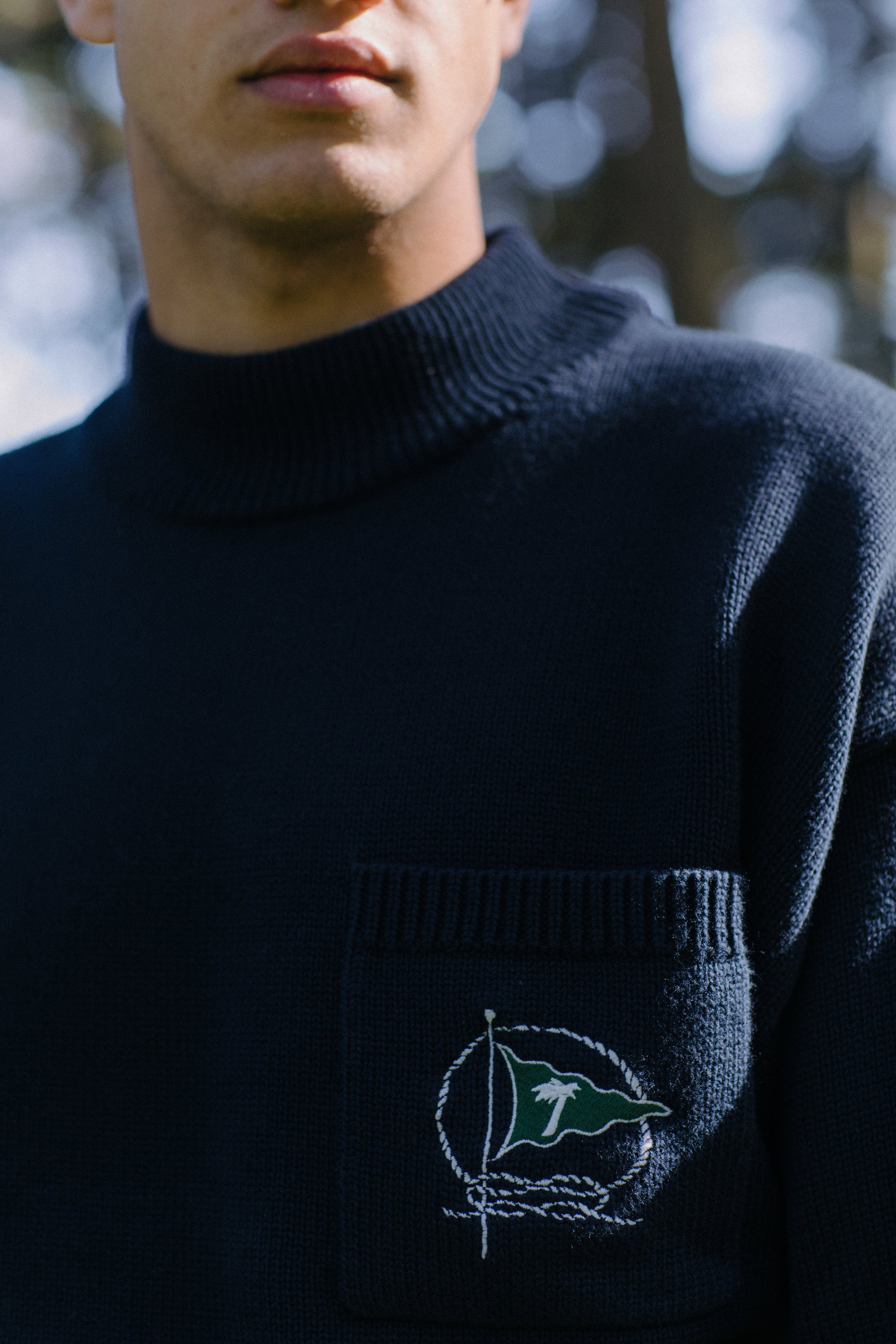 Close up of man wearing sweater with green flag