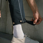 Male model demonstrating the multi button fastenings at the leg opening