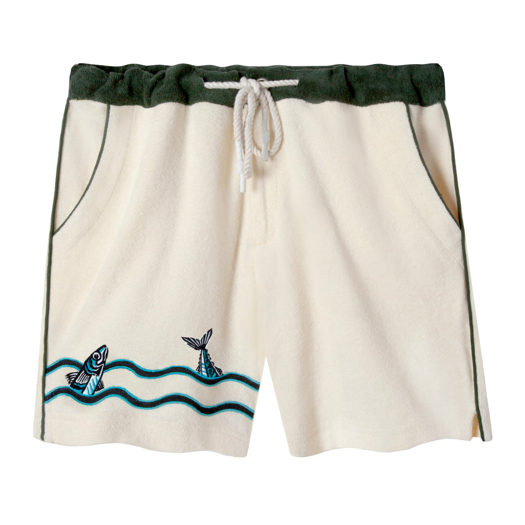 Cream shorts with a forest green waistband and piping, also showing embroidered fish and waves on the lower left leg, complete with a white rope style drawstring