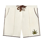 Image of front side of 'Cabannabis' Shorts with the drawstring tied. 