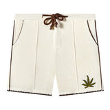 Image of front side of 'Cabannabis' Shorts with the drawstring tied. 