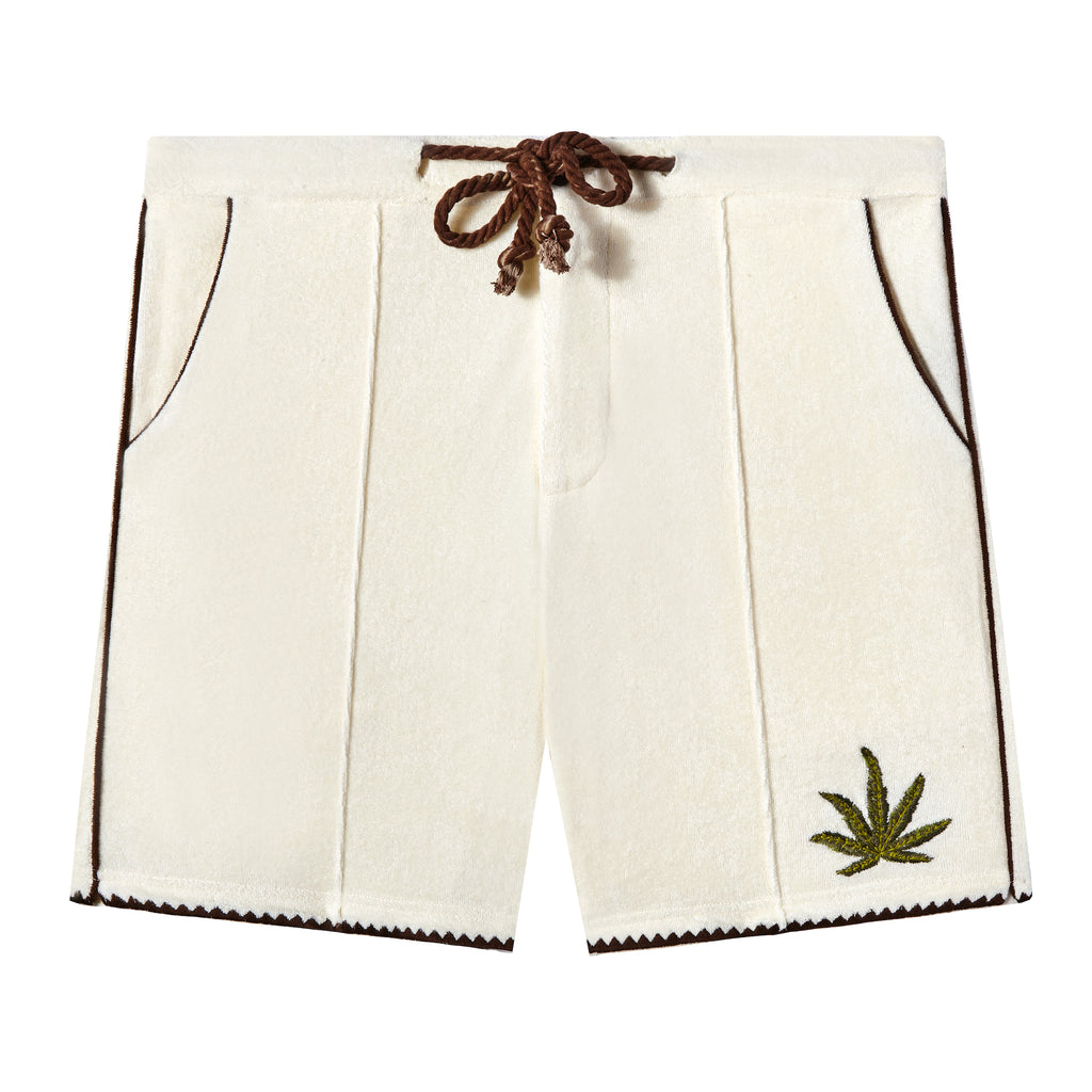 Image of front side of 'Cabannabis' Shorts with the drawstring tied. 
