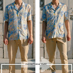 Two side by side pictures of male model showing versatility of the button up convertible cuff