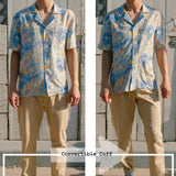 Two side by side pictures of male model showing versatility of the button up convertible cuff