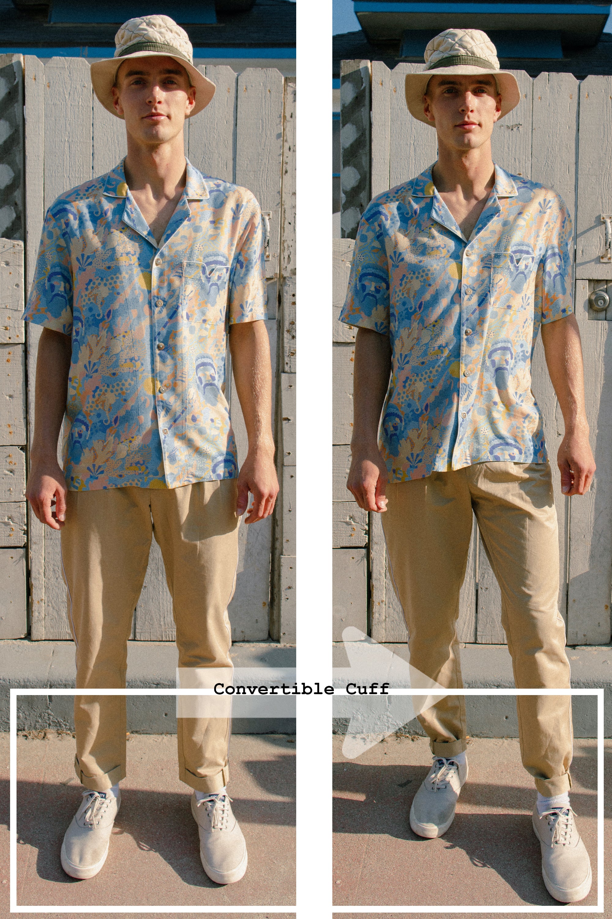 Two side by side pictures of male model showing versatility of the button up convertible cuff